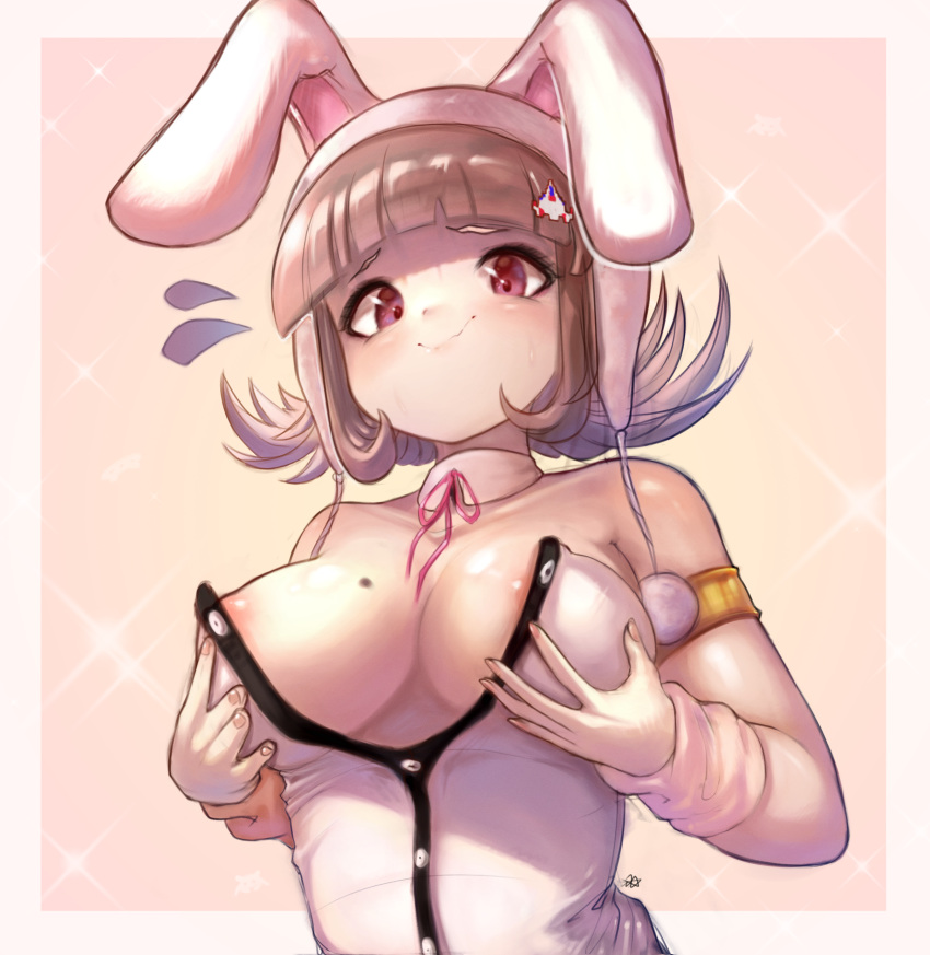 blushing bunny_ears bunny_girl bunnysuit danganronpa embarrassed gradient_hair hair_ornament holding_breast mole mole_on_breast nanami_chiaki nipple_slip onimiere red_eyes short_hair solo solo_female straight_hair