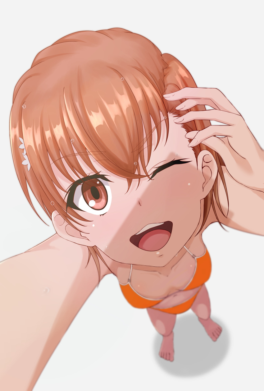 1girls 2020 2020s :3 absurd_res bare_legs bare_shoulders barefoot bikini breasts brown_eyes brown_hair brunette collarbone female from_above hair_flower hair_ornament halya_meri hi_res looking_at_viewer matching_hair/eyes misaka_mikoto navel one_eye_closed open_mouth open_smile orange_bikini orange_swimsuit selfie short_hair small_breasts smile solo standing swimsuit teenage_girl teenager to_aru_kagaku_no_railgun to_aru_majutsu_no_index toes wet white_background wink young