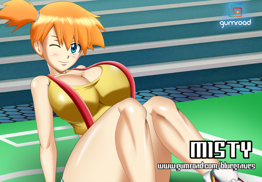 1girls big_breast big_breasts blue_eyes blue_eyes_female bluegraves breasts curvaceous curvy female female_only game_freak gym_leader kasumi_(pokemon) large_breast large_breasts legs_together nintendo orange_hair orange_hair_female pokemon pokemon_rgby revealing_clothes sitting smile solo straps tank_top thick_thighs thighs wet wink winking winking_at_viewer