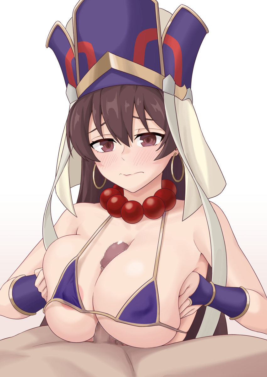 1boy absurdres areola_slip bead_necklace beads bikini blush breasts breasts_squeezed_together brown_eyes brown_hair censored closed_mouth covered_nipples earrings fate/grand_order fate_(series) female fingerless_gloves gloves hat highres hoop_earrings jewelry large_breasts liu_han looking_at_viewer micro_bikini mosaic_censoring necklace paizuri penis prayer_beads precum purple_bikini raised_eyebrows straight swimsuit variant_set wavy_mouth xuangzang_sanzang_(fate) xuanzang_(fate)