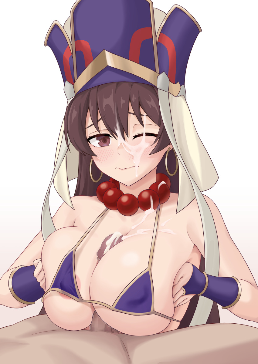 1boy absurdres after_paizuri areola_slip bead_necklace beads bikini blush breasts breasts_squeezed_together brown_eyes brown_hair censored closed_mouth covered_nipples cum cum_on_body cum_on_breasts cum_on_hair earrings facial fate/grand_order fate_(series) female fingerless_gloves gloves hat highres hoop_earrings jewelry large_breasts liu_han looking_at_viewer micro_bikini mosaic_censoring necklace one_eye_closed paizuri penis prayer_beads purple_bikini raised_eyebrows straight swimsuit variant_set wavy_mouth xuangzang_sanzang_(fate) xuanzang_(fate)