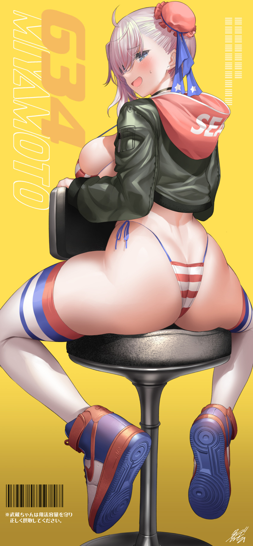 1girls alternate_version_available american_flag_bikini ass asymmetrical_hair bikini blue_eyes breasts dat_ass fate/grand_order fate_(series) female hi_res hips huge_ass huge_breasts long_hair miyamoto_musashi_(fate) miyamoto_musashi_(swimsuit_berserker) naughty_face pink_hair smile sneakers thick_thighs thighs uo_denim wide_hips