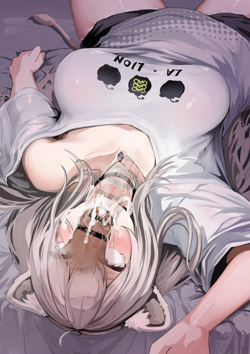 1boy after_fellatio ahe_gao ahoge animal_ears bar_censor bed blue_eyes blush breasts censored choker cleavage clothed_female_nude_male cum cum_in_mouth cum_in_throat cum_on_penis deepthroat ejaculation erection fan_mascot_(vtuber) fellatio female hair_between_eyes highres hololive hololive_gen_5 hololive_japan irrumatio kajimakoto large_breasts long_hair nude oral overflow penis rolling_eyes shishiro_botan ssrb straight virtual_youtuber x-ray