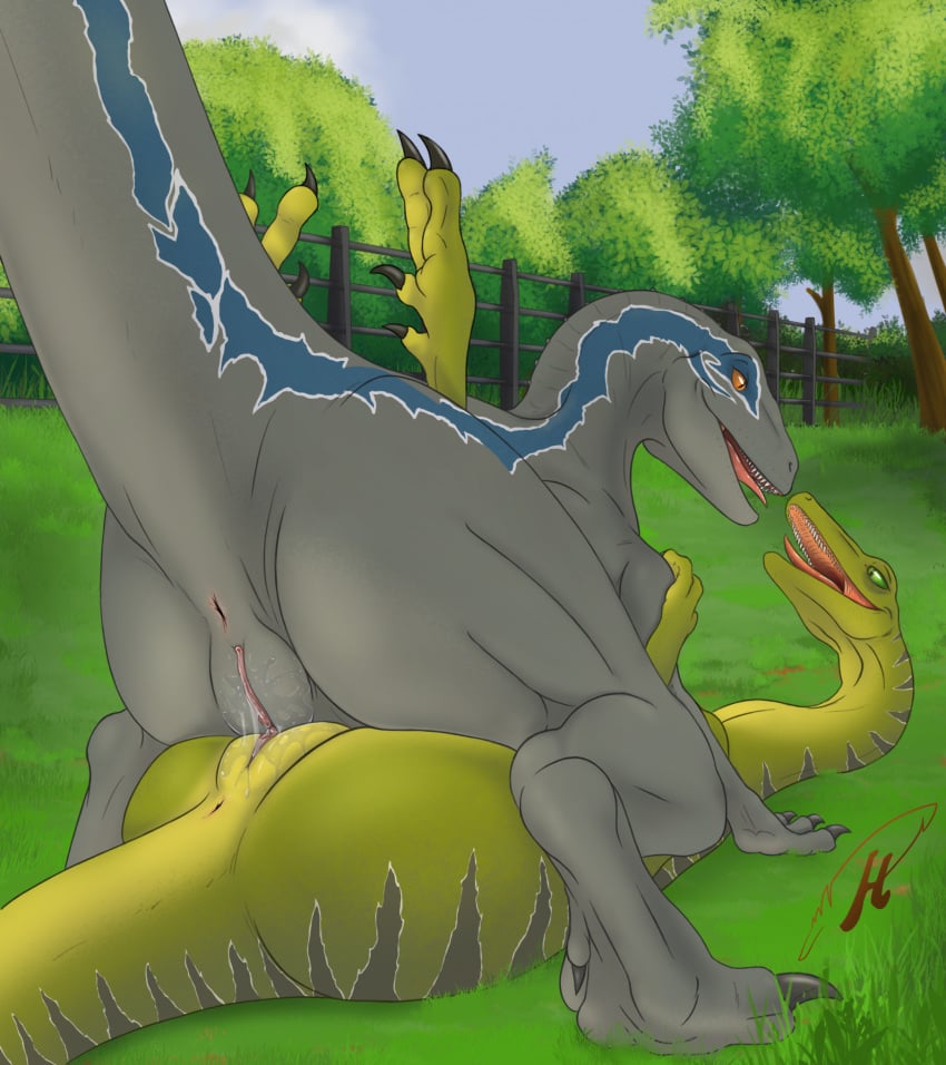 2girls anus black_claws black_scales blue_(jurassic_world) blue_scales bodily_fluids claws day detailed_background dewclaw dinosaur dominant dominant_female dromaeosaurid duo eye_contact female female_on_bottom female_on_top female_only fence feral feral_on_feral forest genital_fluids genitals grass green_body green_scales green_sclera grey_body grey_scales grinding hi_res hips interspecies jeanie_(troodon) jurassic_park jurassic_world jurassic_world_live_tour kinky legs_up looking_at_another looking_at_partner looking_pleasured loving_gaze lying multicolored_scales neck on_back on_bottom on_top open_mouth orange_sclera outdoor_sex outside pink_anus pink_pussy pink_tongue plant pussy pussy_juice pussy_juice_string raised_tail reptile scalie sex sharp_claws sharp_teeth shoulder_grab slit_pupils stripes submissive submissive_female tail teeth theropod three_fingers three_toes tongue tree tribadism troodon troodontid uncensored underneath universal_studios vagina vaginal_juices vaginal_sex velociraptor wet wet_pussy wyatttheriot yuri zoophilia