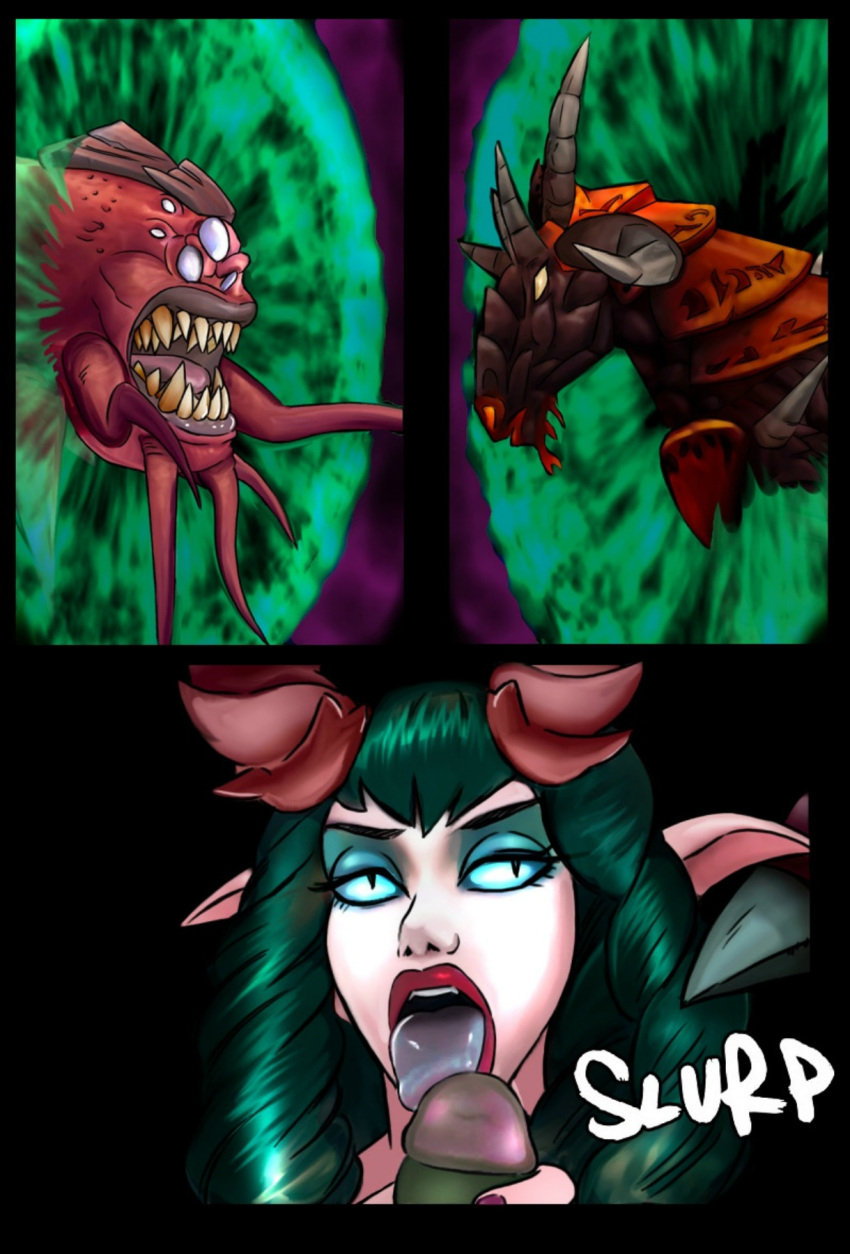 1boy 1girls blizzard_entertainment comic comic_page felsteed green_skin gul'dan handjob licking_penis male observer_(warcraft) orc orc_(warcraft) orc_male original_character shina succubus warcraft world_of_warcraft