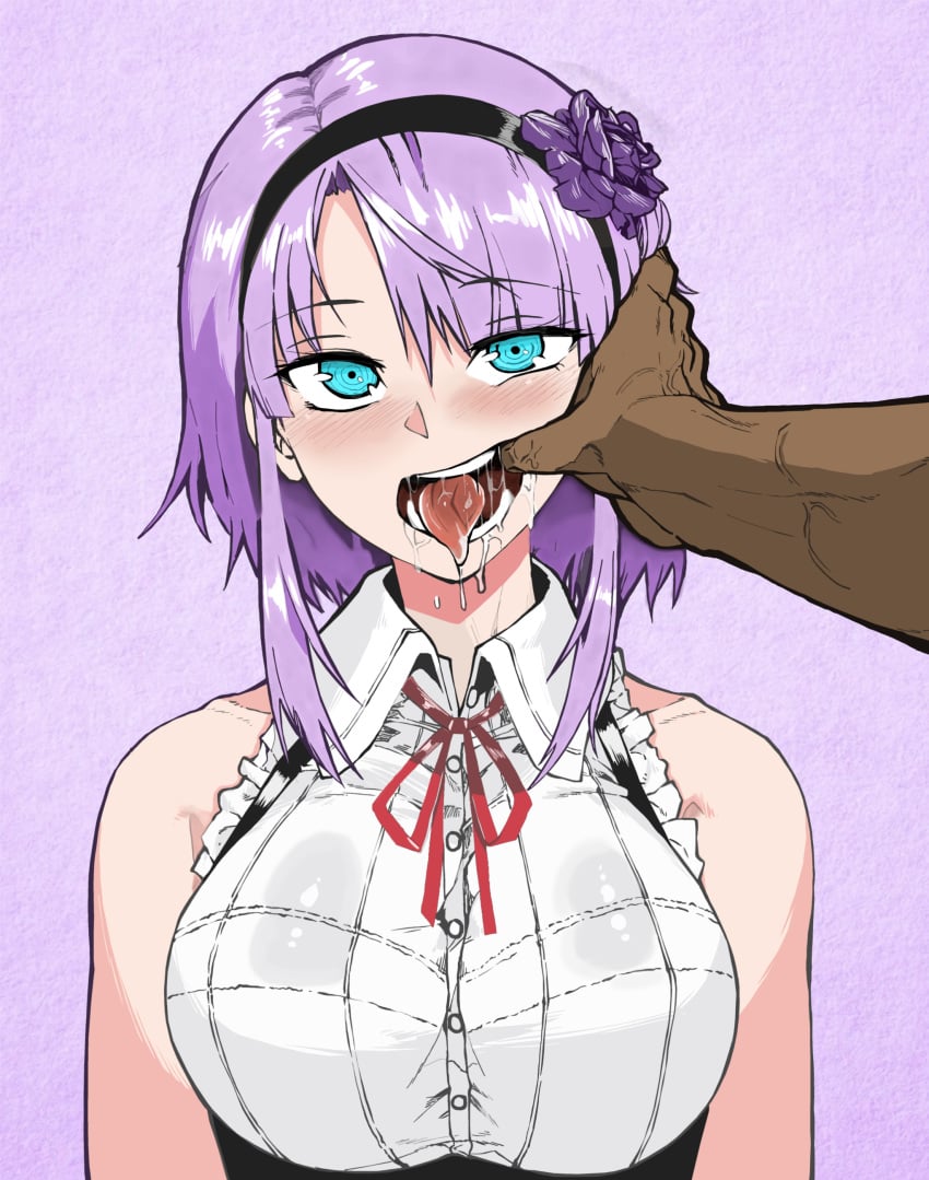 10s 1boy 1girls absurdres bare_shoulders blue_eyes blush breasts clothed colorized dagashi_kashi dark-skinned_male drooling excessive_saliva female finger_in_another's_mouth finger_in_mouth fishhooking flower hairband hands highres interracial jjune large_breasts looking_at_viewer medium_breasts mouth_hold mouth_pull open_mouth oral_invitation petite pov pov_eye_contact purple_hair ringed_eyes rose saliva saliva_drip shidare_hotaru short_hair sleeveless smile solo_focus spread_mouth steam suggestive_fluid teenager teeth third-party_edit throat tongue tongue_out upper_body veins