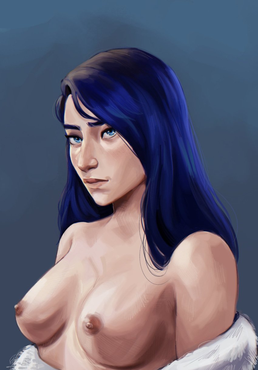 1girls arcane arcane_caitlyn blue_hair breasts caitlyn_kiramman cherryrobber league_of_legends nipples riot_games