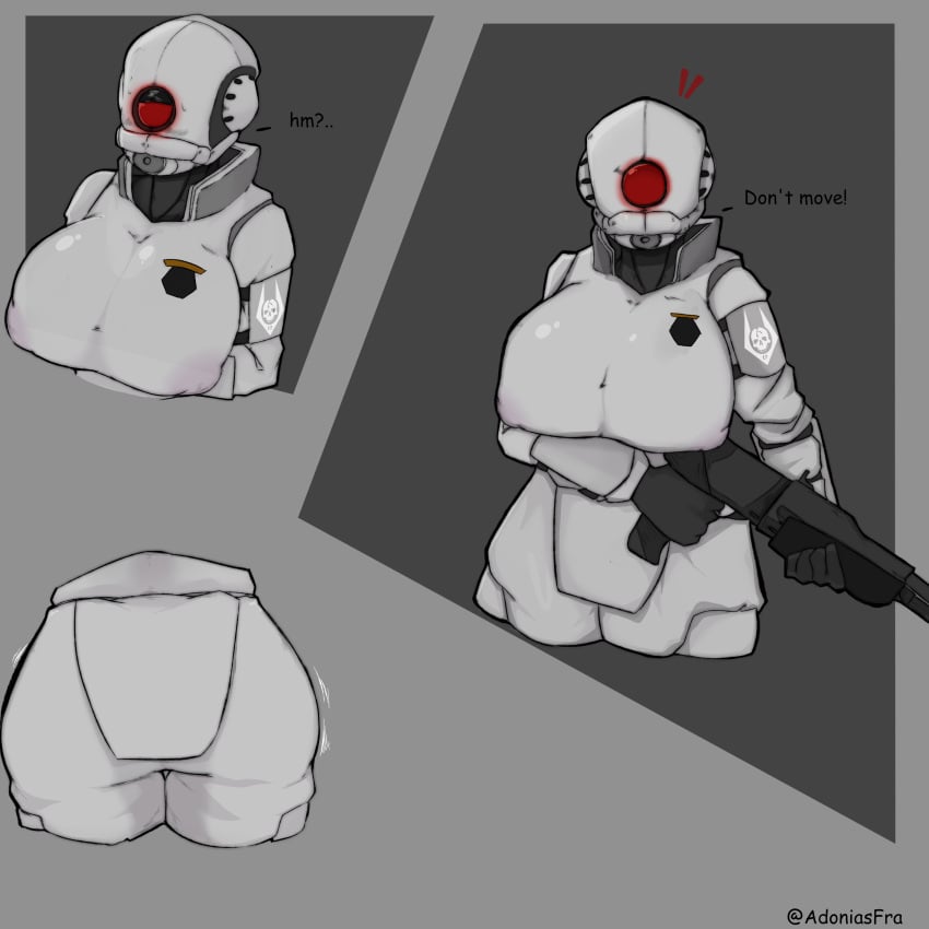 adoniasfra armor ass big_ass big_breasts big_butt breasts butt clothed clothing combine combine_elite crossgender digital_drawing_(artwork) digital_media_(artwork) english_text female gas_mask gun half-life half-life_2 helmet holding_gun holding_object holding_weapon hourglass_figure human nipples_visible_through_clothing one_eye red_eyes shotgun signature simple_background solo text transhuman valve voluptuous weapon wide_hips