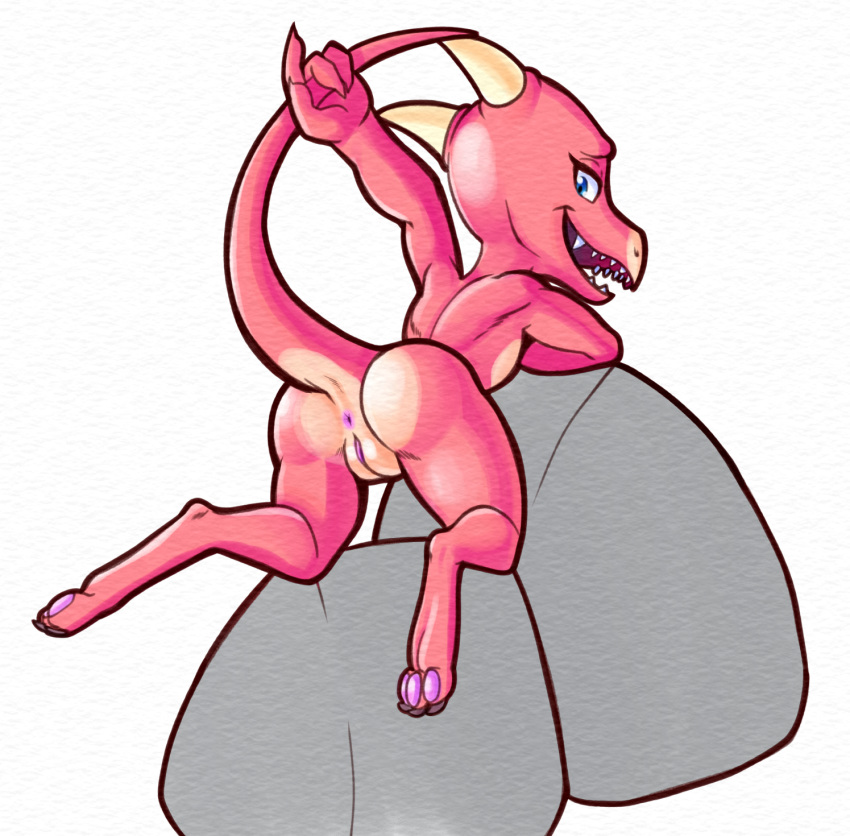 2023 2_horns 3_toes anthro anus ass blue_eyes claws countershade_butt countershade_torso countershading digitigrade eyelashes feet female fours_(artist) genitals grey_background hi_res horn kobold looking_back open_mouth pawpads pink_body pink_pawpads pink_scales presenting presenting_hindquarters pussy rear_view rock scales scalie sharp_teeth simple_background solo tail tan_body tan_scales teeth tik_tik toe_claws toes