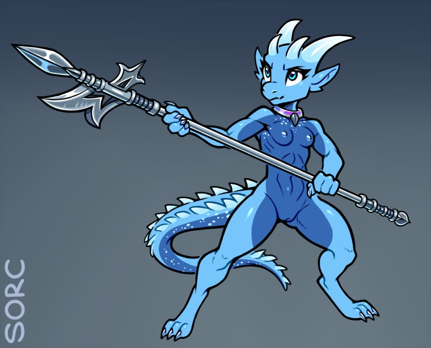 alae anthro breasts collar female genitals kobold long_tail melee_weapon nipples non-mammal_breasts paladin polearm pussy scalie small_breasts solo sorc sorcerushorserus tail weapon