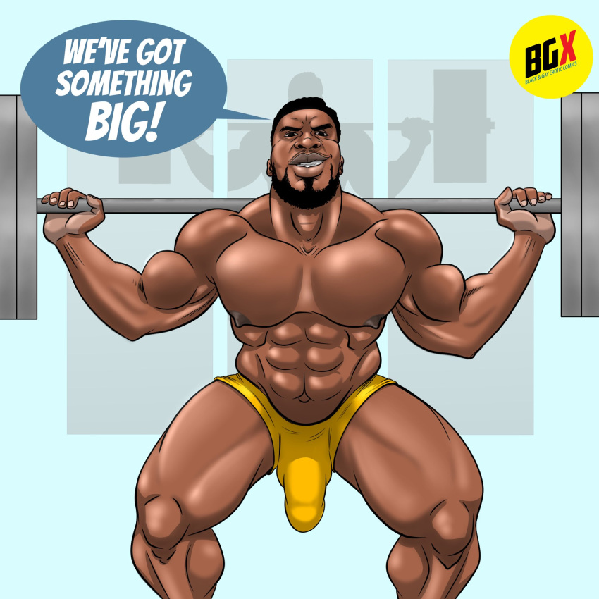 abs african african_male bgx_comics biceps big_bulge big_chest big_pecs bulge bulging_biceps dark-skinned_male dark_skin dialogue english_text huge_bulge huge_chest huge_pecs male male_only melanin muscles muscular muscular_male pecs penis_outline shirtless_male smooth_chest smooth_skin squats squatting thick_thighs thong underwear underwear_only working_out