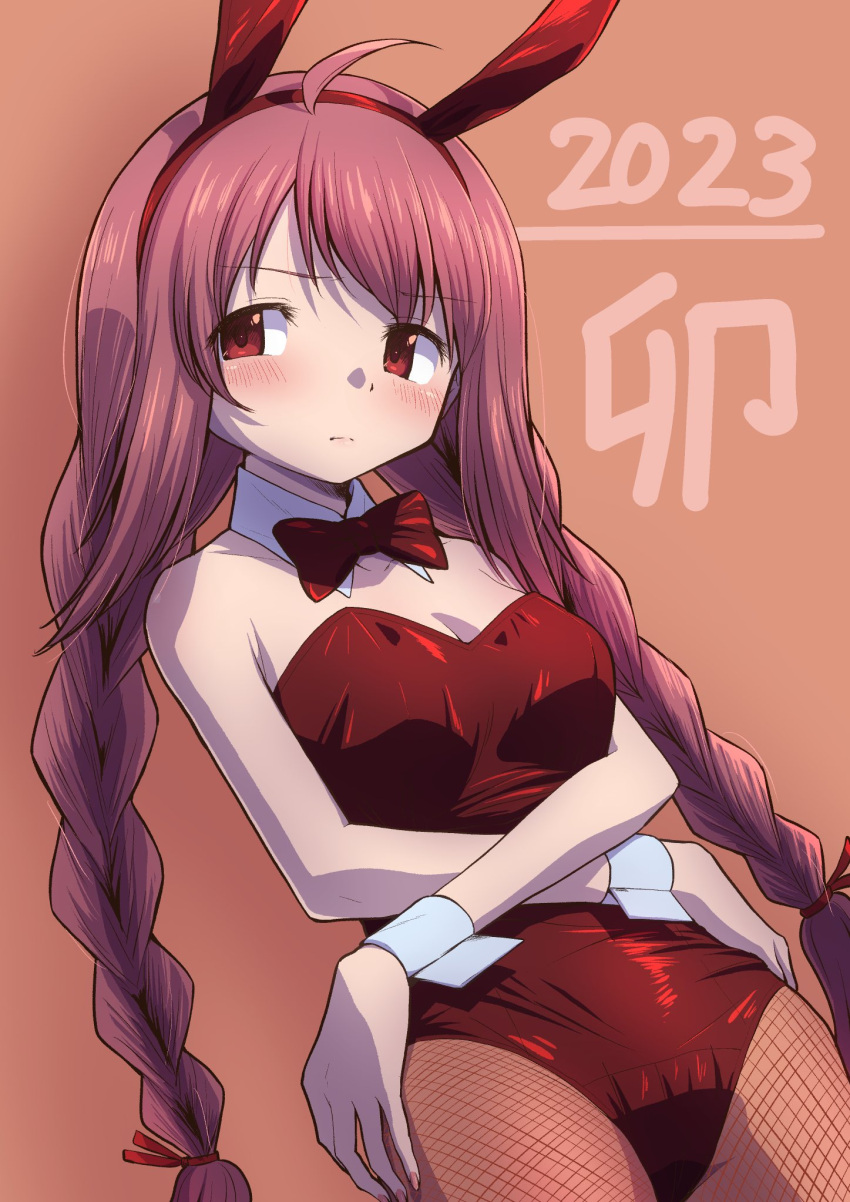 2023 blush bunny_ears bunny_girl bunny_tail bunnysuit himuro_lavi human human_only lavi_himuro long_hair magia_record:_mahou_shoujo_madoka_magica_gaiden mahou_shoujo_madoka_magica nervous nervous_smile puella_magi_madoka_magica red_background red_eyes red_hair seductive seductive_look seductive_mouth seductive_smile sensual solo solo_female solo_focus touyu_(yuruyuruto) year_of_the_rabbit