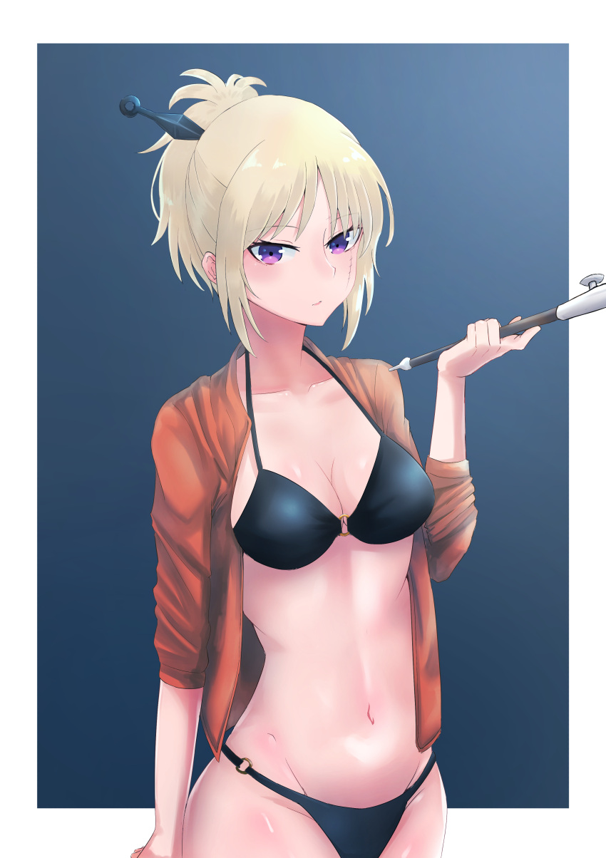 bikini black_bikini blonde_hair blue_background clenched_teeth facial_scar female female_only gintama hair_ornament hoodie jacket kiseru kunai looking_at_viewer medium_breasts official_alternate_costume official_alternate_hairstyle open_jacket pipe ponytail purple_eyes sakiyuikun smoking smoking_pipe solo sweatshirt swimsuit tsukuyo