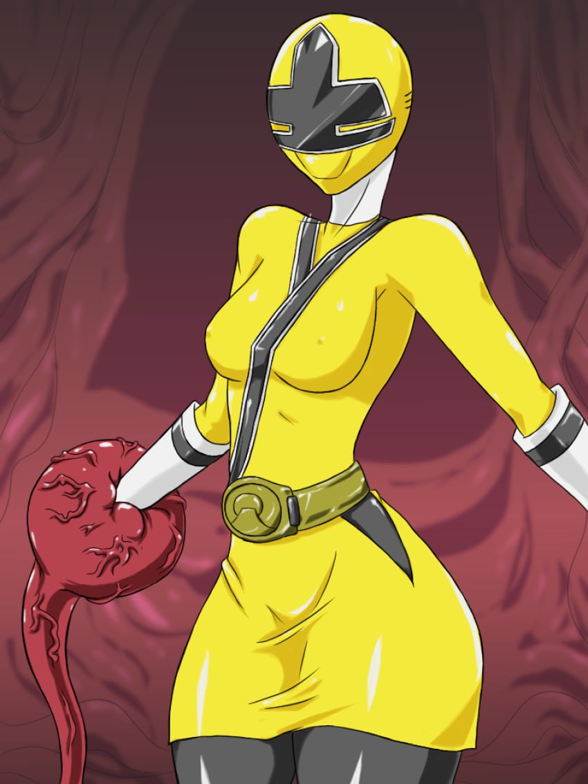 breasts female helmet power_rangers power_rangers_samurai pre-transformation restrained t-syun thighs transformation yellow_ranger