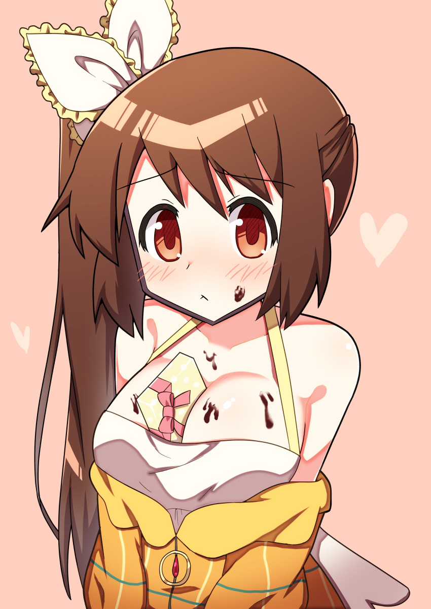 1girls breasts brown_eyes brown_hair chocolate chocolate_on_breasts cute female female_only light-skinned_female light_skin long_hair magia_record:_mahou_shoujo_madoka_magica_gaiden mahou_shoujo_madoka_magica medium_breasts orange_background ponytail puella_magi_madoka_magica simple_background solo solo_female solo_focus urakorom young yui_tsuruno