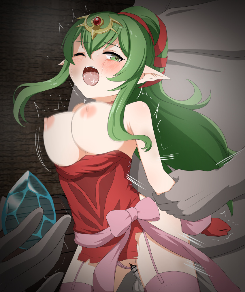 1girls 2boys arm_grab bare_arms bare_thighs bouncing_breasts breasts breasts_out censored clothed_female_nude_male crying crying_with_eyes_open defeated fat_man female female_focus fire_emblem fire_emblem_awakening garter_belt gloves go_comma green_eyes green_hair large_breasts long_hair male motion_blur multiple_boys nintendo nipples one_eye_closed open_mouth panties pelvic_curtain pink_panties pointy_ears ponytail rape sex solo_focus stone thighhighs thighs tiki_(adult)_(fire_emblem) tiki_(fire_emblem) underwear upskirt vaginal_penetration weapon