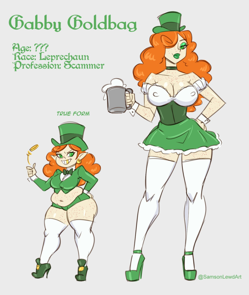 1girls beer character_bio character_profile character_sheet chubby chubby_female curly_hair earring female_focus female_leprechaun female_only foam freckled_face freckled_skin freckles gabby_goldbag ginger_hair gold_coin gold_earring gold_tooth green_eyes green_eyeshadow green_hat green_lipstick green_shoes green_skirt high_heels ireland irish leprechaun leprechaun_girl leprechaun_hat looking_at_viewer mug national_personification nipple_bulge oc oc_character orange_hair original original_character pale-skinned_female pointy_ears profile puffy_hair saint_patricks_day samson_00 small_clothes small_clothing solo solo_female solo_focus st._patrick's_day thick_thighs white_stockings