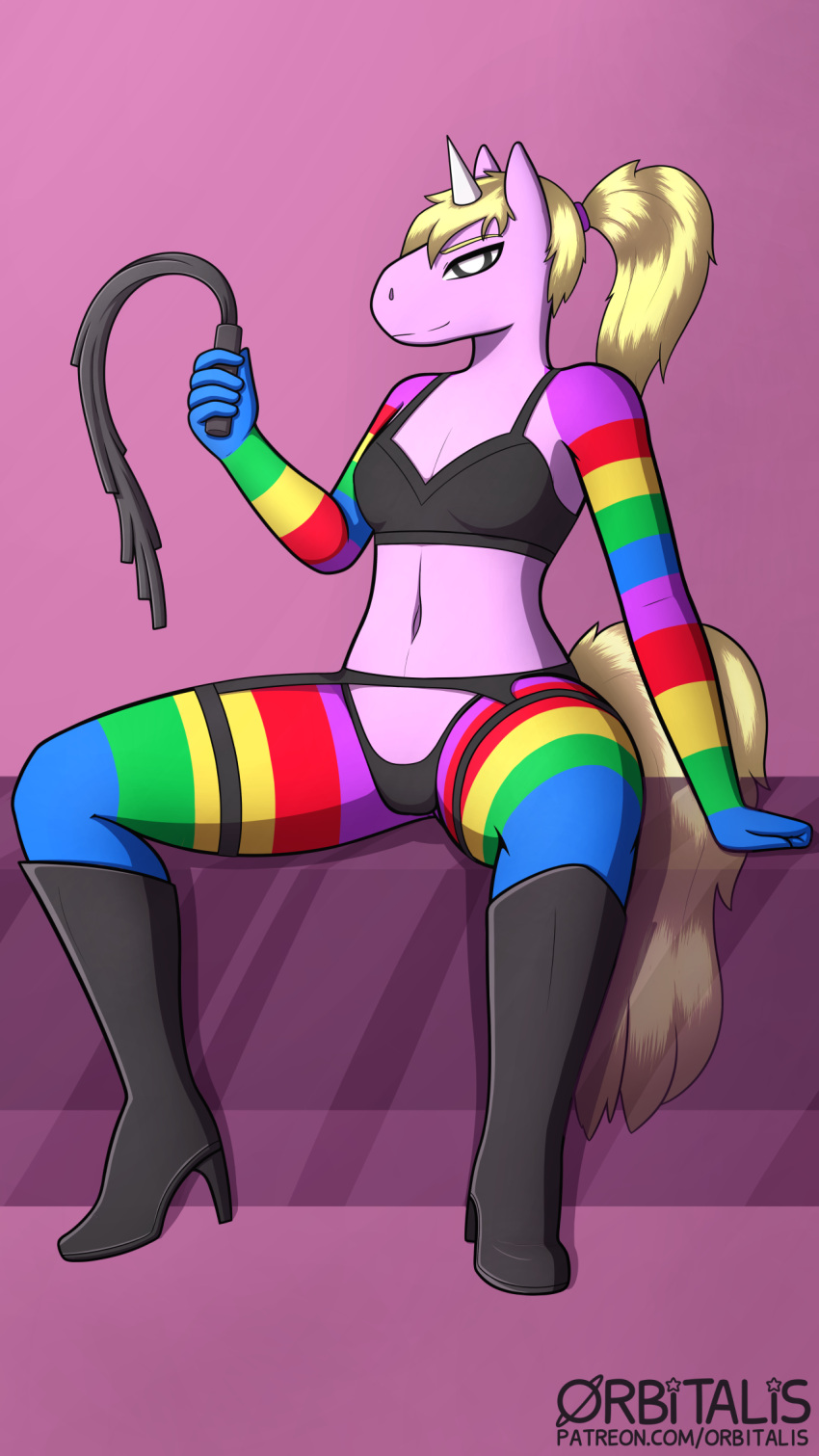 adventure_time anthro black_bra black_clothing black_footwear black_high_heels black_panties black_underwear blonde_hair boots bra cartoon_network clothed clothing female footwear glass hair hi_res high_heeled_boots high_heels holding_object horn lady_rainicorn looking_at_viewer multicolored_arms multicolored_body multicolored_legs navel orbitalis panties partially_clothed pink_background ponytail pupils simple_background sitting smile solo spread_legs spreading tail text underwear url whip white_pupils yellow_tail