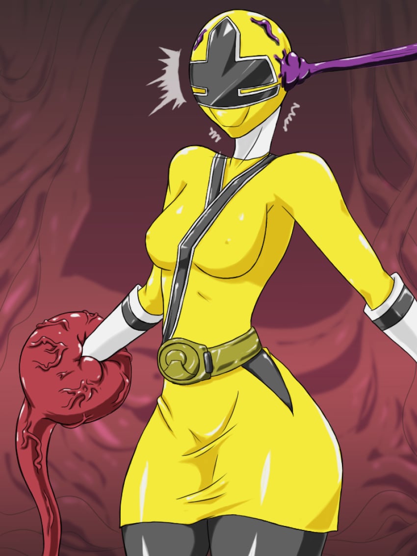 brainwashing breasts female helmet mid-transformation power_rangers power_rangers_samurai restrained t-syun tentacle thighs transformation yellow_ranger