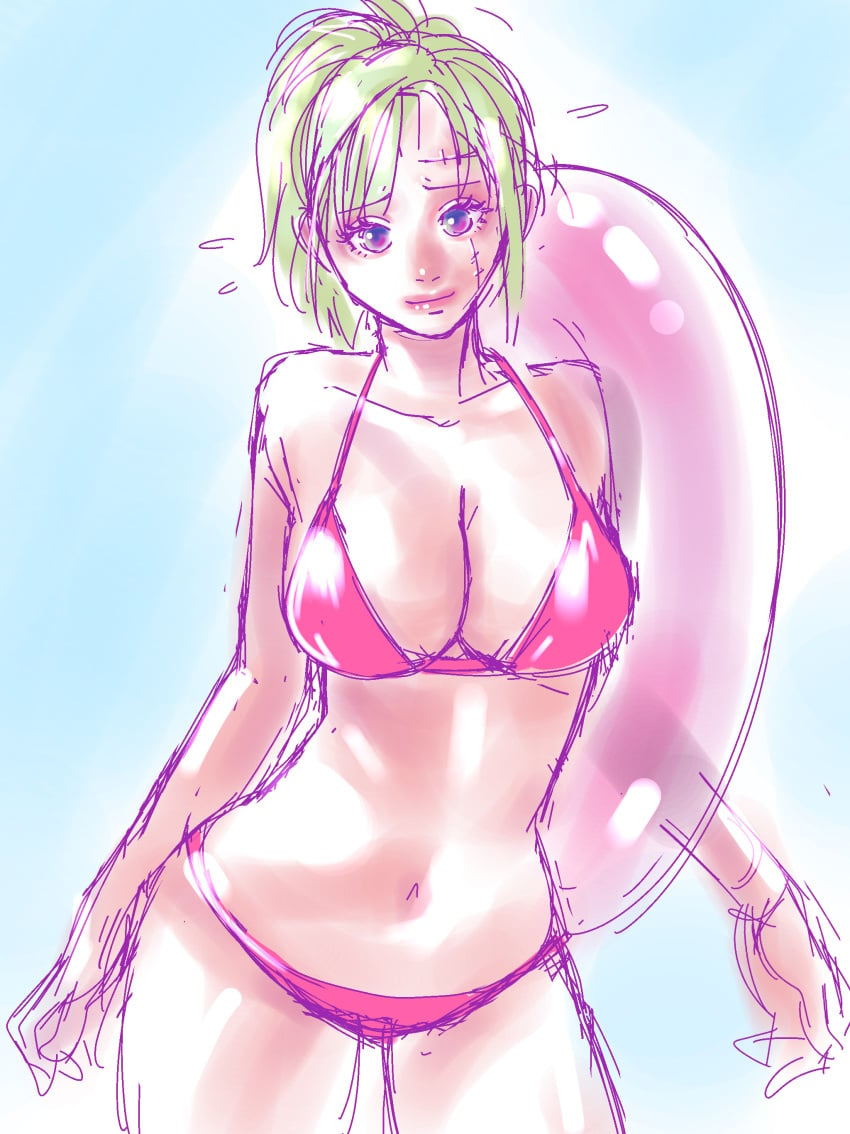 alternate_costume benrinnes_maiko big_breasts bikini blonde_hair cleavage colored_sketch facial_scar female female_only gintama hourglass_figure innertube looking_at_viewer pink_bikini ponytail sketch smile solo swimsuit tsukuyo wide_hips