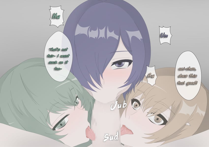 1boy 3girls artist_request collaborative_fellatio eto_yoshimura fellatio fffm_foursome foursome fueguchi_hinami kirishima_touka light-skinned_female light-skinned_male light_skin male_pov pov pov_eye_contact sex tagme tokyo_ghoul