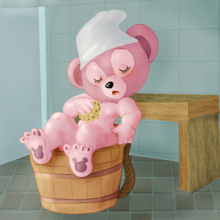 bath bathing bathroom bathtub bear blush blush closed_eyes cub disney duffy_and_friends feet female female_focus female_only furry furry_only mousetache naked naked_female pawpads paws shelliemay shiny shiny_skin small_breasts sponge ursid