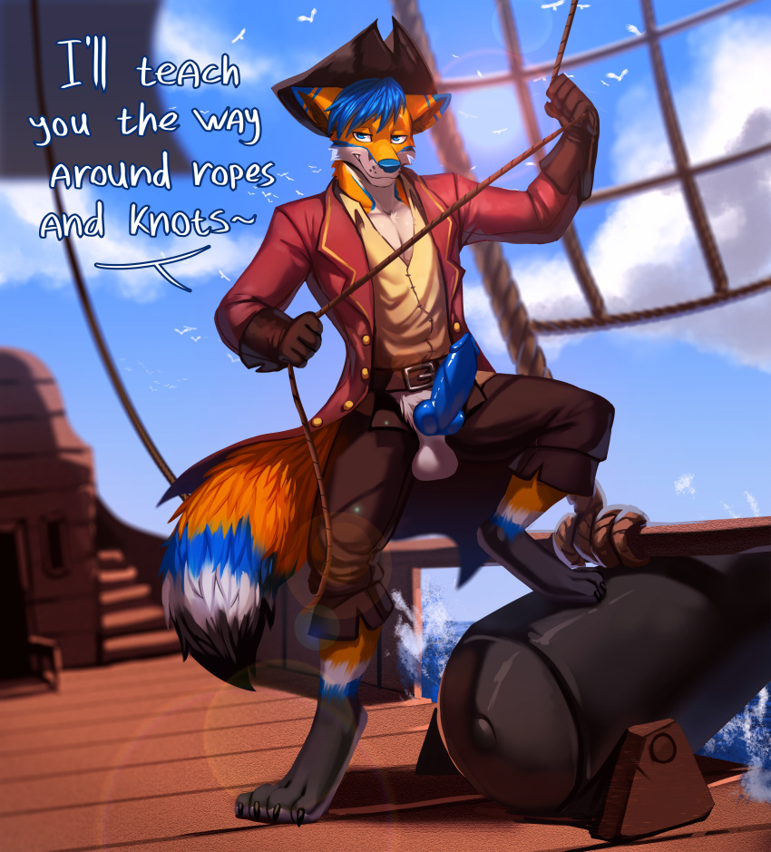 absurd_res anthro canid canine clothed clothing fox foxxo_bluren genitals hi_res knot male mammal miramint partially_clothed pinup pirate pose rope ship smile smirk smug solo text vehicle watercraft