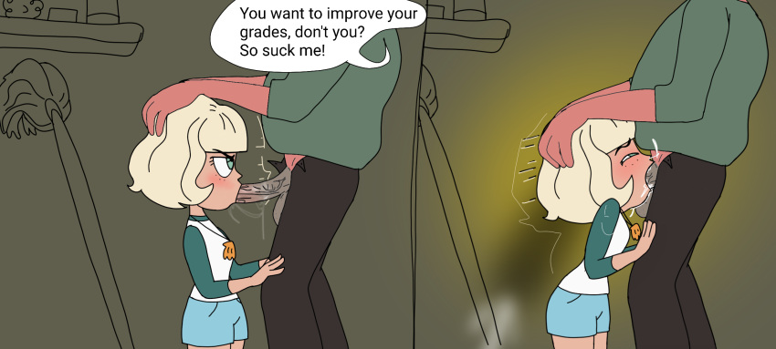 blowjob clothed deepthroat fellatio grade_prostitution hands_on_head head_grab jackie_lynn_thomas kneeling motion_lines oral oral_sex questionable_consent sex sexual_fantasy_kingdom shorts speech_bubble star_vs_the_forces_of_evil sunnie teacher teacher_and_student