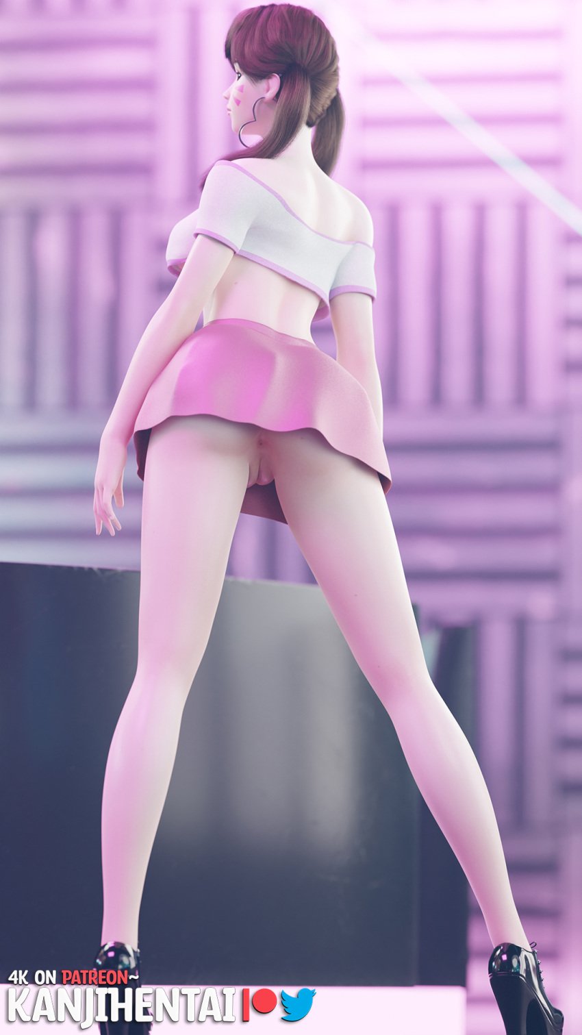 3d 3d_(artwork) 3dx anus brown_eyes brown_hair cameltoe d.va discko_d.va hoop_earrings hoop_earrings_hearts hoop_earrings_oversized kanjihentai long_legs looking_back miniskirt overwatch pink_skirt pussy skirt twintails upskirt