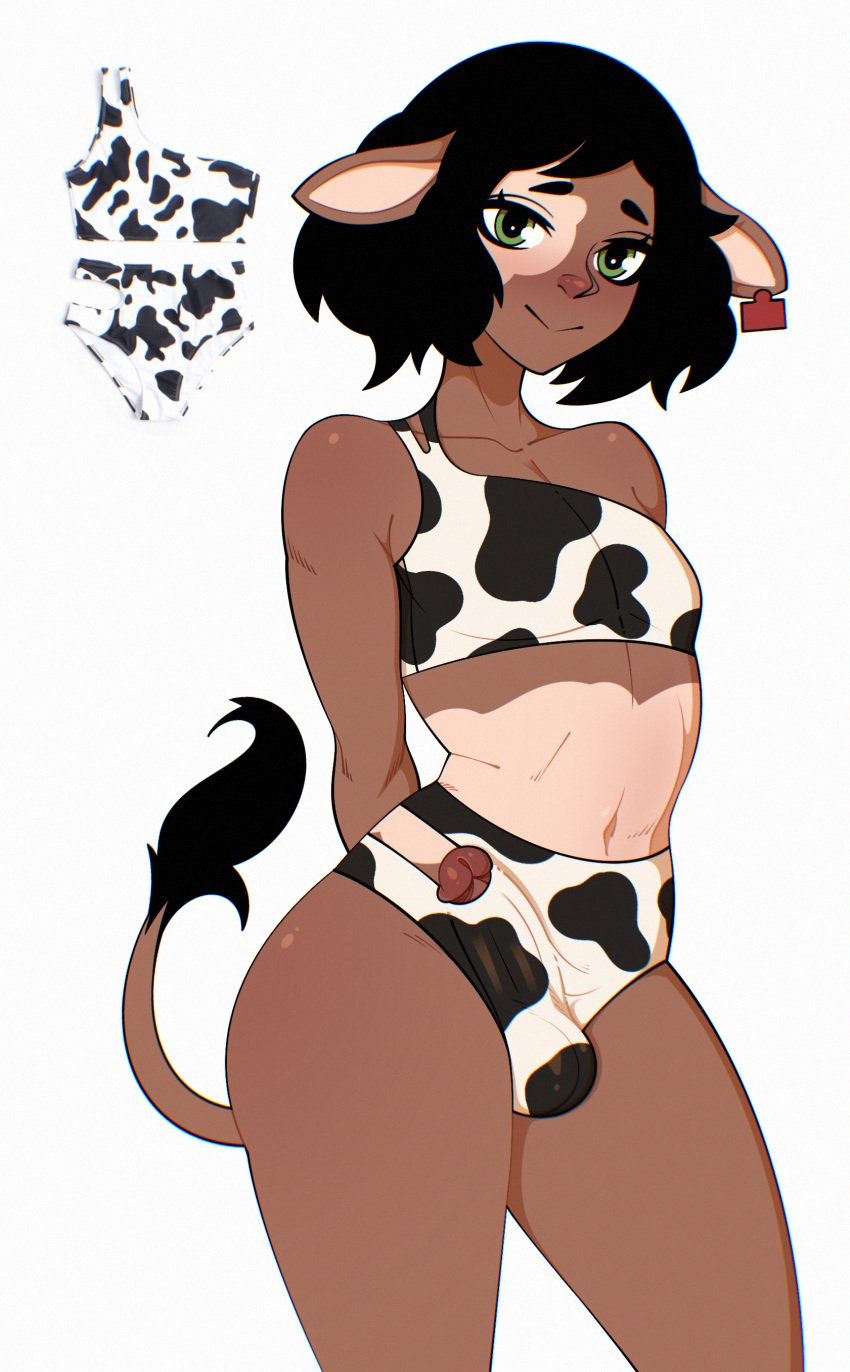 1boy absurd_res animal_humanoid animal_print animal_print_bikini bikini bovid bovid_humanoid bovine bovine_humanoid bro_aniki cattle_humanoid clothed clothing cow_print cow_print_bikini dark_body dark_skin ear_tag erection genitals girly glans hair hi_res humanoid humanoid_genitalia humanoid_penis looking_at_viewer male male_only mammal mammal_humanoid oliver_(bro_aniki) pattern_bikini pattern_clothing pattern_swimwear penis smile smiling_at_viewer solo swimwear tail tail_tuft tuft