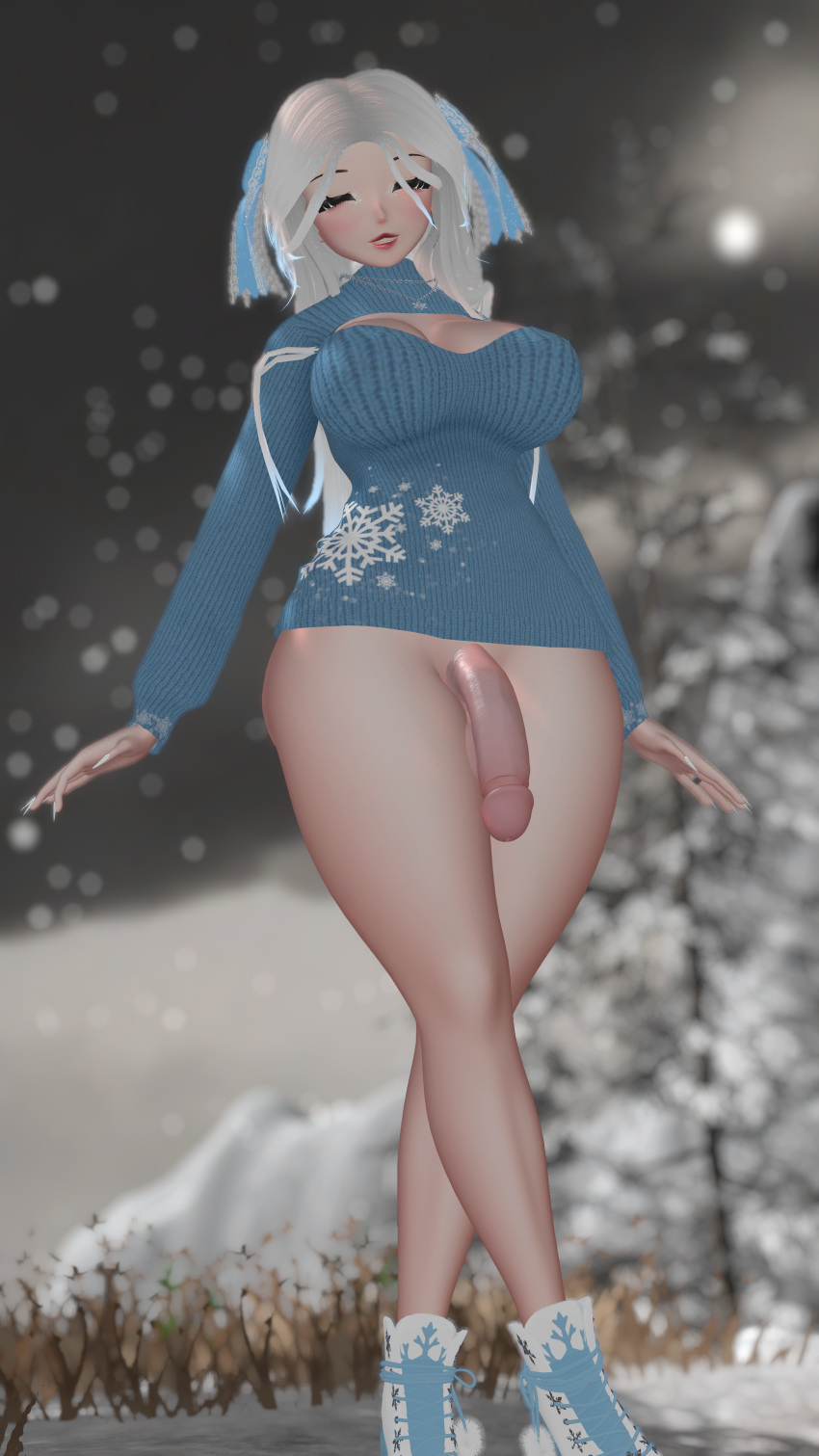 1futa 3d 4k big_breasts big_penis bottomless clothed clothing futa_only futanari partially_clothed self_upload smiling solo thick_thighs virtualahri vrchat white_hair