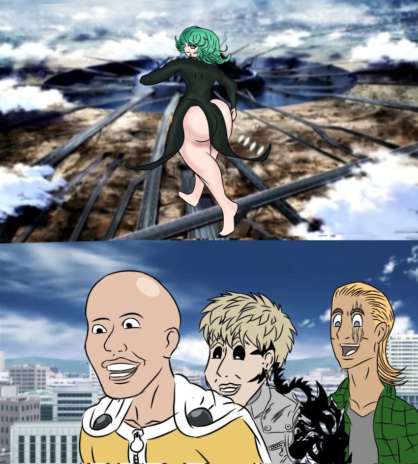 1girls 3boys alternate_ass_size animan animanstudios ass axel_in_harlem big_ass big_butt black_dress don_lajara dress female genos green_eyes green_hair hetero hi_res high_resolution highres king_(one-punch_man) large_ass light-skinned_female light_skin male medium_hair meme one-punch_man saitama shortstack straight straight_hair tatsumaki vamonos_de_fiesta_a_factory