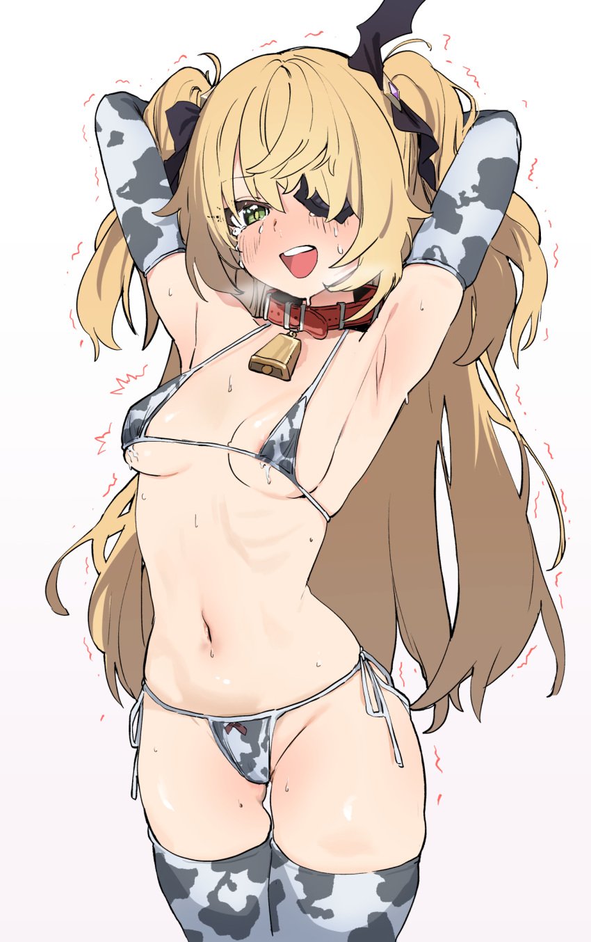 1girls armpit armpit_fetish armpits arms_behind_head arms_up bell bell_collar bikini blonde_hair blush collar cow_print cow_print_armwear cow_print_bikini cow_print_thighhighs crying crying_with_eyes_open dorontabi eyepatch female fischl_(genshin_impact) genshin_impact green_eyes horny horny_female humiliated humiliation invitation inviting inviting_to_sex micro_bikini petite presenting presenting_armpit prostitution sex_slave shaking shivering showing_armpits showing_off slave small_breasts solo sweat sweating tears thighhighs