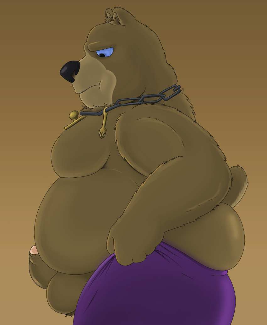 absurd_res anthro baby_bear balls bear belly big_belly black_nose bottomwear brown_balls brown_body brown_fur brown_inner_ear_fluff brown_penis clothing erection fathyhell fur genitals hi_res humanoid_genitalia humanoid_penis inner_ear_fluff looking_down male male/male mammal mouth_closed overweight overweight_anthro overweight_male pants penis purple_bottomwear purple_clothing purple_pants puss_in_boots_(dreamworks) puss_in_boots_the_last_wish side_view solo tight_pants_(meme) tuft