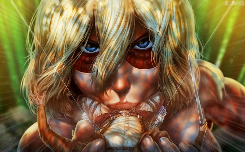 1boy :>= annie_leonhardt athletic_female attack_on_titan belt blade blonde_hair blowjob blue_eyes eye_contact fellatio female female_titan femdom forced_oral giant giantess giantess_fellatio highres human human_penetrating jojobanks light-skinned_male looking_at_viewer oral oral_sex pants paradis_military_uniform partially_clothed pov rape shingeki_no_kyojin size_difference spread_legs sword three-dimensional_maneuver_gear titan_(shingeki_no_kyojin) torn_clothes torn_pants weapon wire