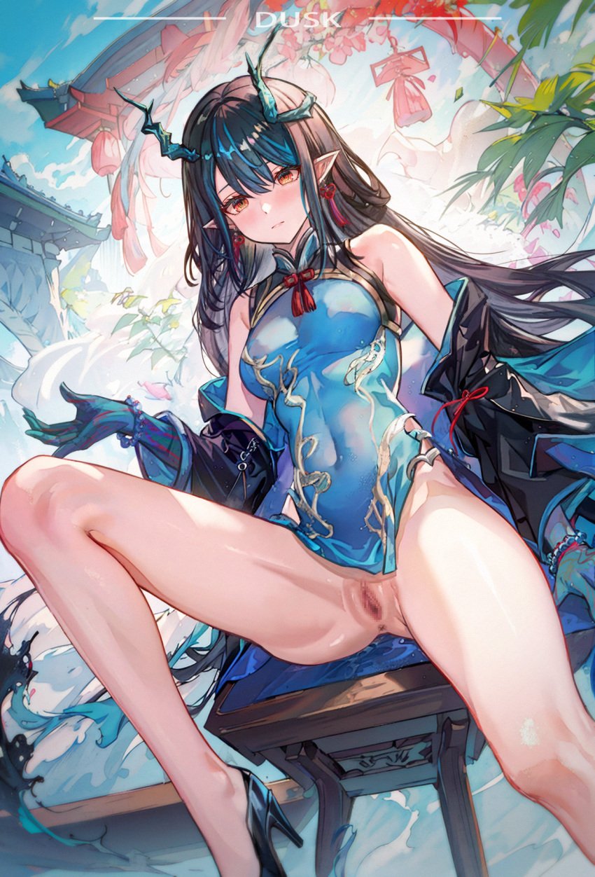 7_n anus architecture arknights bare_legs bead_bracelet beads black_footwear black_hair black_jacket blue_dress blue_hair blue_skin blue_sky blush bottomless_dress bracelet breasts censored chair character_name china_dress chinese_clothes clitoris closed_mouth cloud cloudy_sky colored_skin commentary covered_navel day dragon_horns dress dusk_(arknights) dutch_angle earrings east_asian_architecture english_commentary female foot_out_of_frame gold_trim hair_between_eyes high_heels highres horns jacket jewelry leaning_back legs light_blue_hair long_hair looking_at_viewer medium_breasts mosaic_censoring multicolored_hair multicolored_skin no_panties no_panties_under_dress open_clothes open_jacket outdoors pointy_ears pussy red_eyes short_dress sitting sky sleeveless sleeveless_dress smoke solo spread_legs tassel tassel_earrings taut_clothes taut_dress torii two-tone_hair