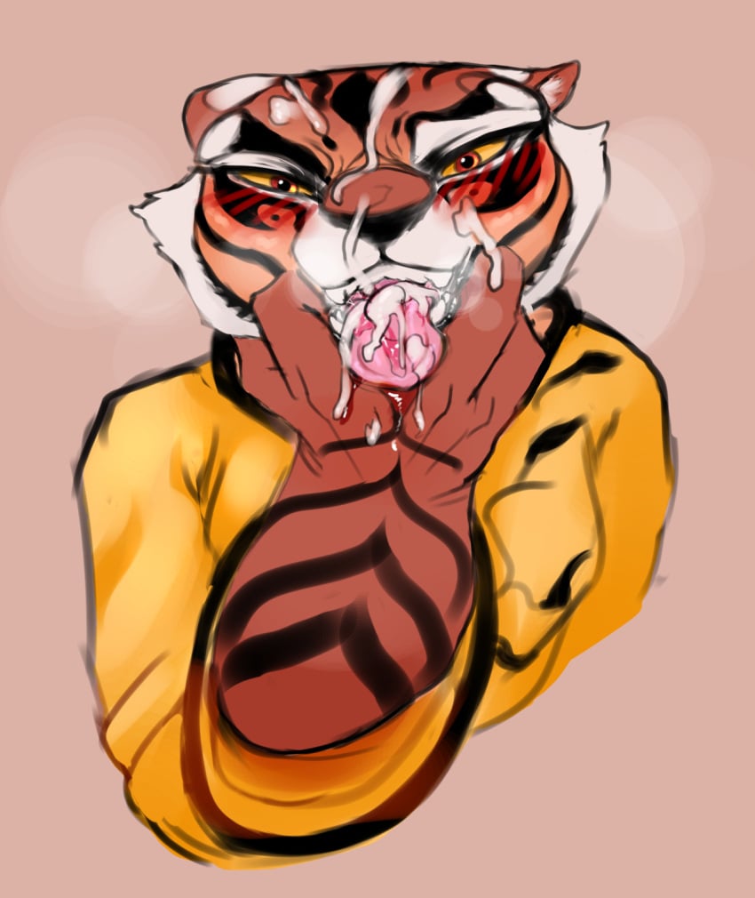 2023 anthro bodily_fluids clothed clothing cum dreamworks felid feline female fur genital_fluids hi_res kung_fu_panda looking_at_viewer mammal master_tigress orange_body orange_fur pantherine sanido simple_background solo stripes tiger tongue tongue_out white_body white_fur