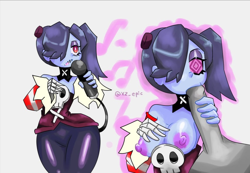 1girls alternate_breast_size blowjob breast_expansion breasts fellatio female hypnotic_eyes hypnotized illusion male microphone mind_control nipples penis red_eyes skullgirls squigly unusual_pupils zombie_girl zx_epic