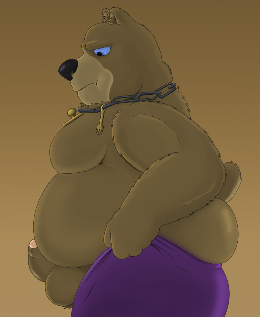 2023 alternate_version_at_source anthro ass baby_bear balls bear belly big_belly black_nose brown_body erection fathyhell genitals hi_res male mammal overweight overweight_male penis puss_in_boots_(dreamworks) puss_in_boots_the_last_wish simple_background solo tight_pants_(meme)