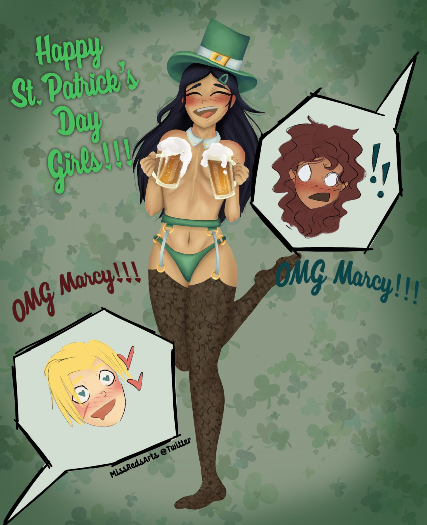 3girls admiring adult aged_up amphibia anne_boonchuy artist_name asian asian_female beer beer_mug black_hair blonde_hair blush brown_hair cheerful closed_eyes clover dark_skin dialogue disney disney_channel drooling female female_only garter_belt garter_straps green_lingerie heart-shaped_pupils holding_beverage leg_up leprechaun_hat light_skin lingerie lovergi26122412 marcy_wu missredsart navel panties reaching_out reaction_shot sasha_waybright shocked shocked_expression simple_background slavic smiling st._patrick's_day stockings straight_hair strategically_covered taiwanese text thai topless trio yuri