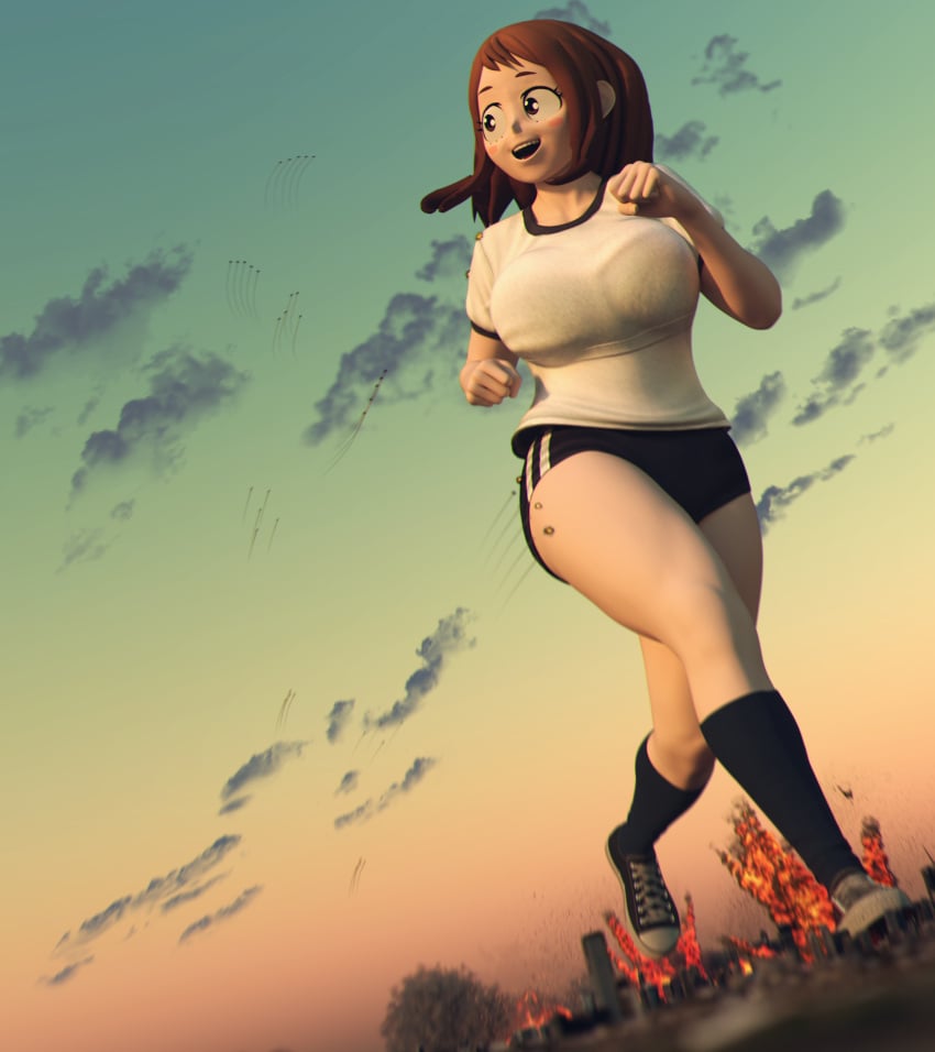 1girls 3d careless city city_destruction cloud converse explosion giantess gym_clothes gym_uniform happy kamicamie knee_socks kneehighs kneesocks missile my_hero_academia ochako_uraraka shounen_jump sneakers socks tagme trample white_socks