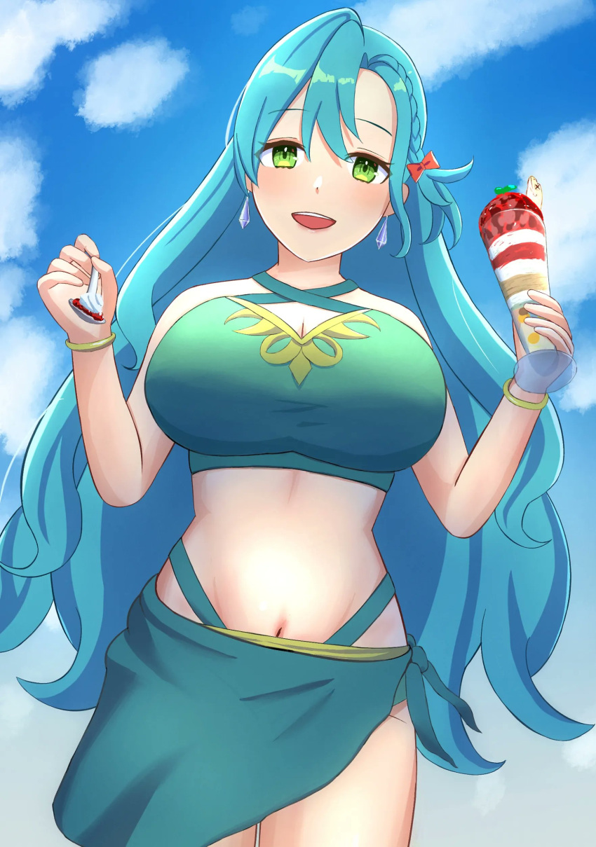 1girls alternate_costume better_version_at_source bikini blue_hair bow braid chloe_(fire_emblem) ear_piercing earrings female female_only fire_emblem fire_emblem_engage green_bikini green_eyes green_swimsuit hi_res highres ice_cream large_breasts long_hair looking_at_viewer mgnk33 nintendo open_mouth sky smile solo spoon swimsuit swimwear very_long_hair