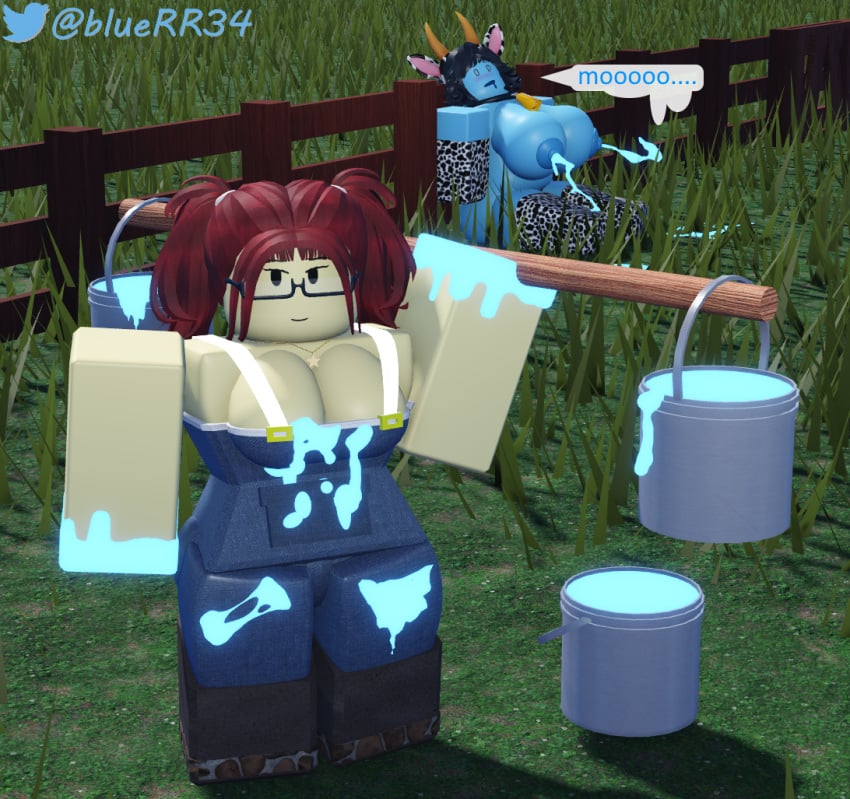 3d armwear black_hair blue_skin bluerr34 chubby dialogue female glasses lactating lactation milk original_character overalls red_hair roblox robloxian self_upload shiram tagme text thighhighs twitter_username unusual_lactation