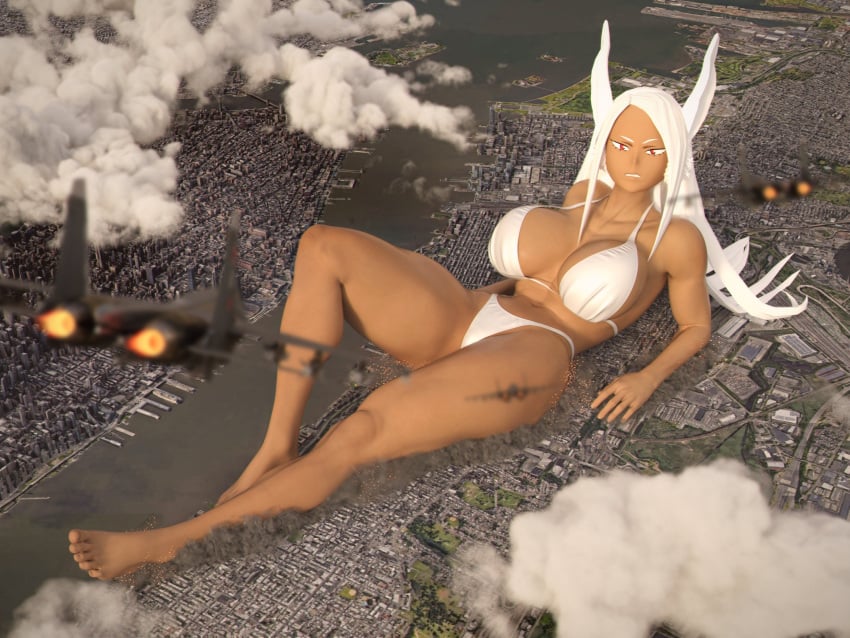 1girls 3d airplane angry annoyed barefoot big_breasts bikini bunny_girl city dark-skinned_female destruction feet giantess giga_giantess kamicamie macro midriff miruko my_hero_academia rabbit_girl rumi_usagiyama shounen_jump tagme white_bikini white_hair