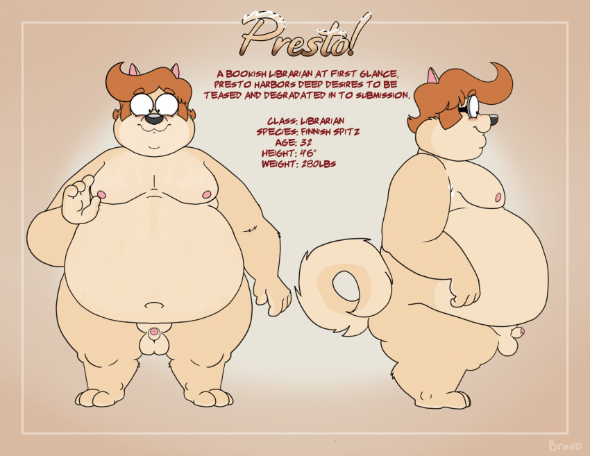 2023 anthro balls belly big_belly bravo canid canine canis domestic_dog english_text genitals hi_res male mammal model_sheet moobs nipples overweight overweight_male penis small_penis solo text