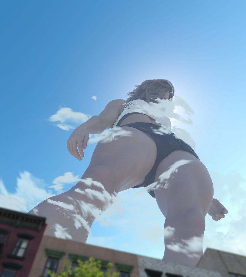 3d cloud cloudy_sky female giantess girlfriend kamicamie looking_at_viewer looking_down mildly_muscular_woman obscured_face pov torn_clothes