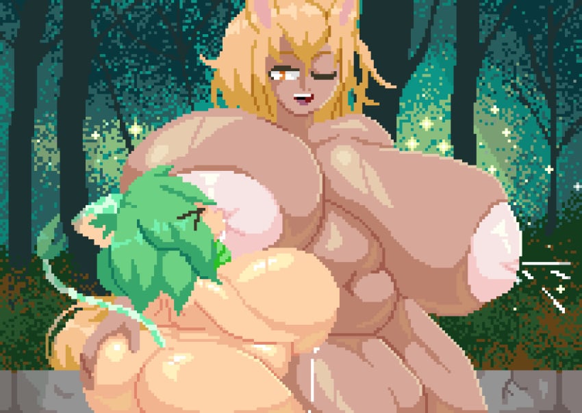 2girls animal_ears animated ass_slap belly big_belly big_breasts blonde_hair breast_press breast_squeeze breastfeeding breastmilk breasts busty catgirl chubby chubby_female closed_eyes commission emerald_(emeraldcasino) female female_only forest green_hair hand_on_another's_ass hand_on_ass height_difference horse_girl inverted_nipples jiggle jiggling_ass jiggling_breasts lactation large_breasts nipples nude nude_female one_eye_closed pixel_animation pixel_art self_milking shortstack slapping_ass slightly_chubby spinneborg squeezing_own_breasts star_(emeraldcasino) sucking_nipples tail thick_thighs thunder_thighs tree wide_hips yuri