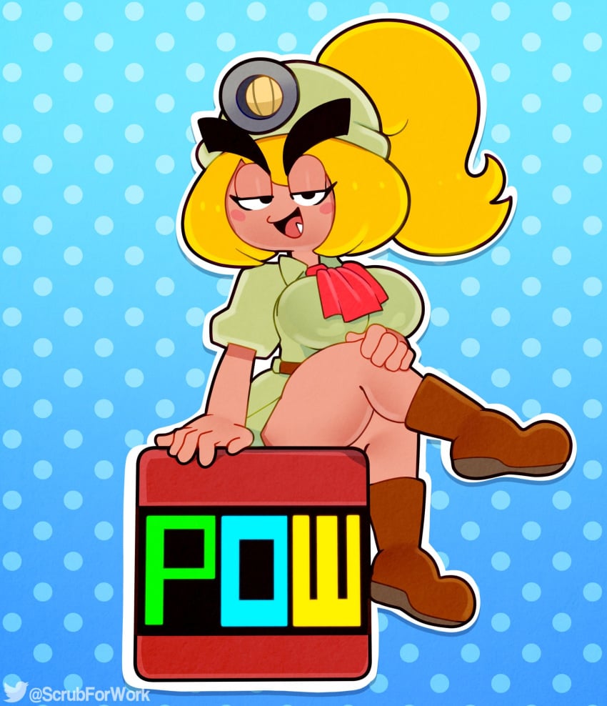 1girls anthro big_breasts blonde_hair blush boots cute_fang eyebrows eyebrows_visible_through_hair eyelashes female female_only fungi_humanoid goomba goombella hat looking_at_viewer mario_(series) nintendo paper_mario pow_block shorts simple_background sitting solo solo_female solo_focus somescrub tan_skin thick thick_legs thick_thighs thighs