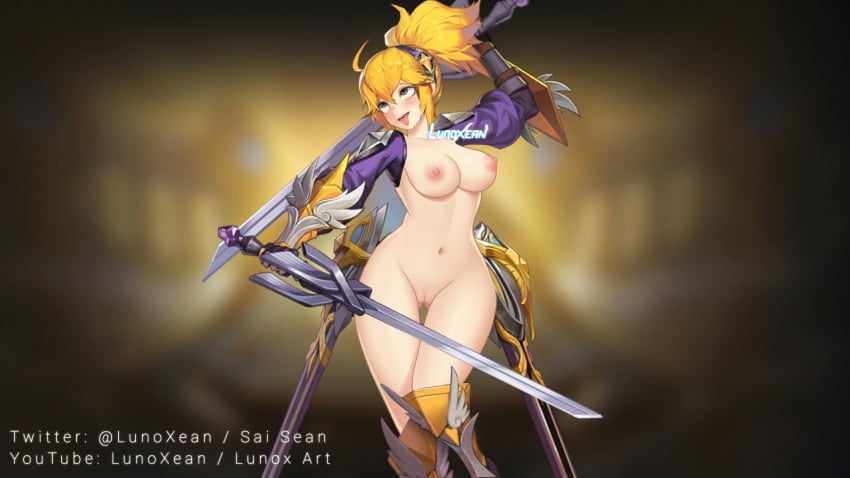 ahe_gao big_breasts bikini breasts fanny_(mobile_legends) female legs looking_at_viewer lunoxean mobile_legends mobile_legends:_adventure no_bra no_panties nude orange_hair pleasure_face ponytail smile solo standing sword weapon