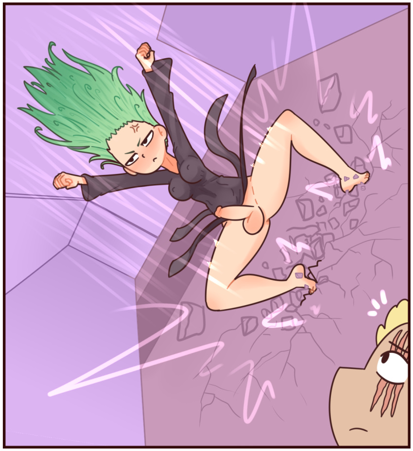 1boy 1futa balls bottomless breasts canonical_scene clothed clothing erection futa_only futanari human king_(one-punch_man) light-skinned_futanari light_skin long_hair mostly_clothed one-punch_man penis red7cat solo solo_futa squatting tagme tatsumaki tatsumaki_landing